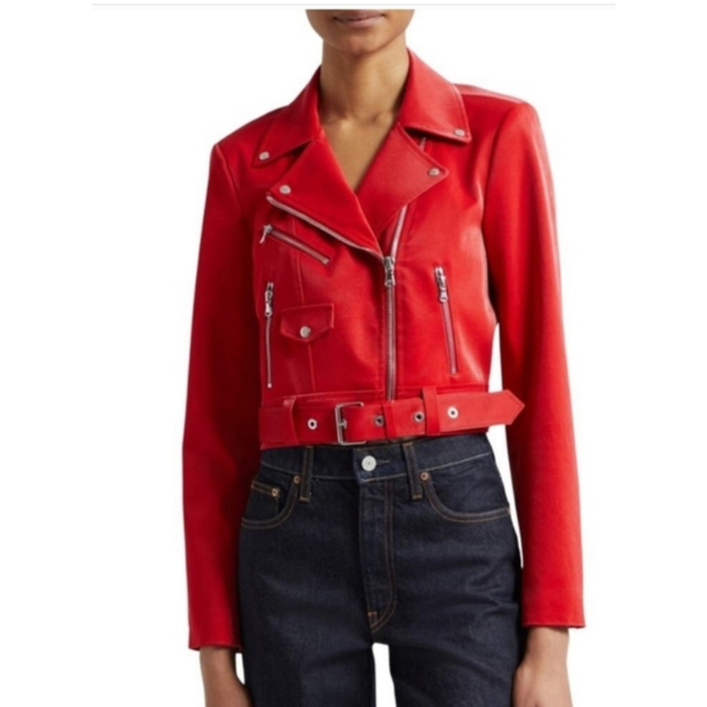 Cinq à Sept Zoe RED Faux Leather Moto Jacket Black Size| M | Chic Designer Style